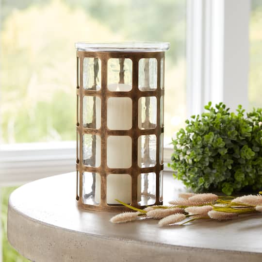 12.5" Wavy Glass Candle Holder with Distressed Metal Frame